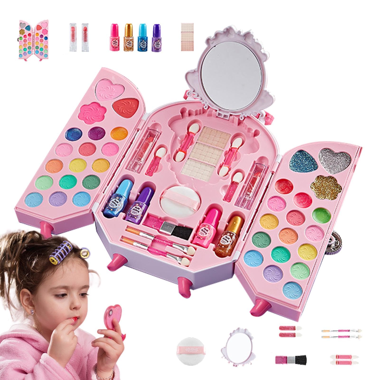 Trucco,Kit di trucco per ragazze, Kit di trucco lavabile per bambini Trucco di simulazione, Kit cosmetico, Kit di vestire Princess Vanity Case Trucco per ragazze da 3 a
