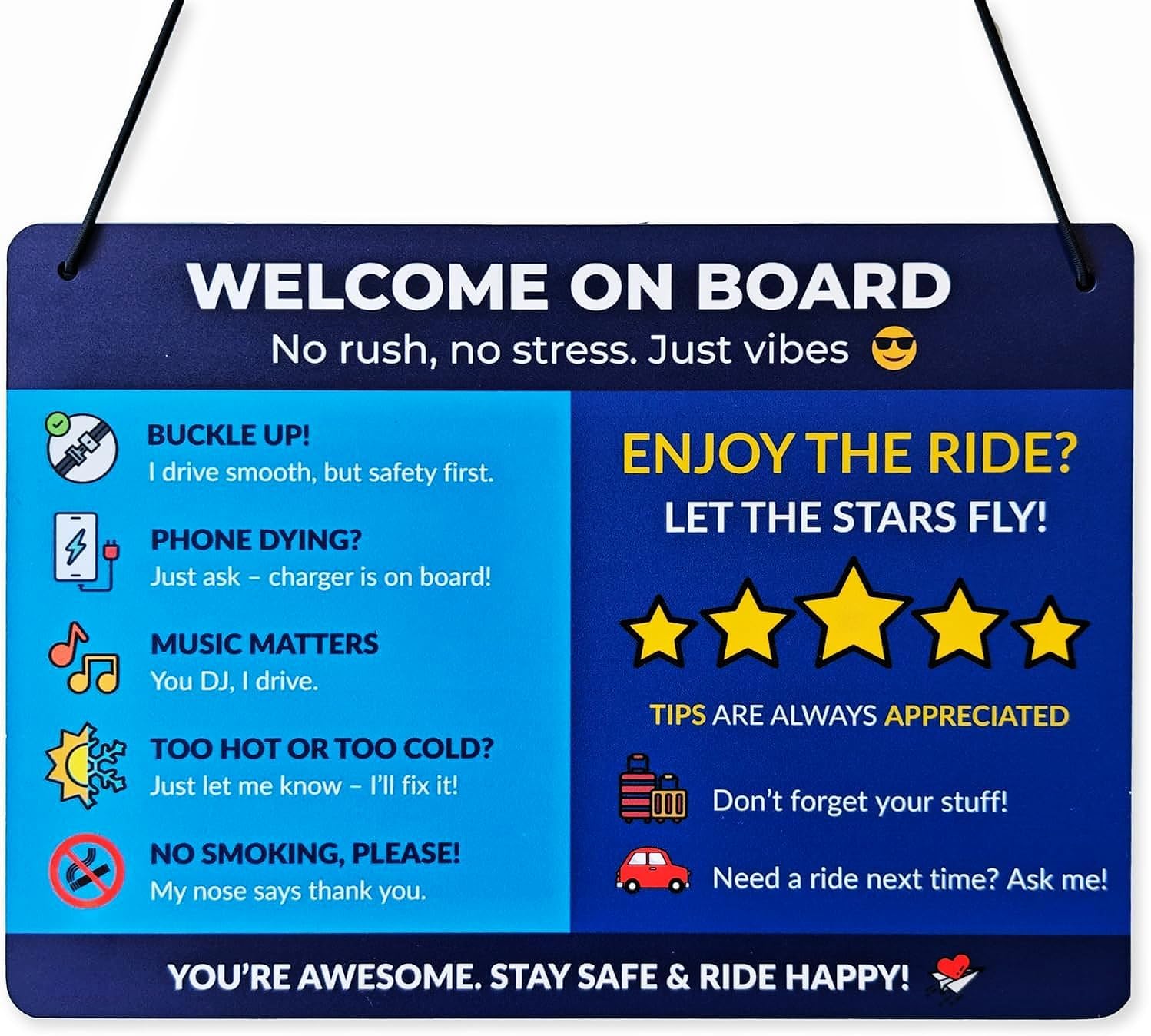 Funny Rideshare Backseat Sign for Uber Lyft - Welcome On Board, Tips & Ratings Reminder, Waterproof PVC 11x7.8in Blue
