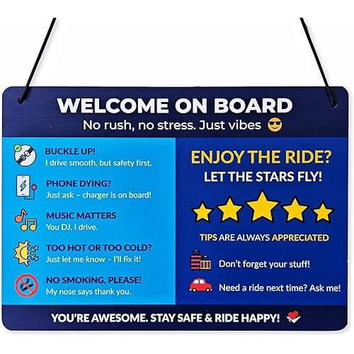 Funny Rideshare Car Sign – Welcome On Board For Backseat Passenger Message – Car Rating Reminder & Tip Encouragement – Waterproof Hanging Info Board with Icons – 11x7.8in (Blue)