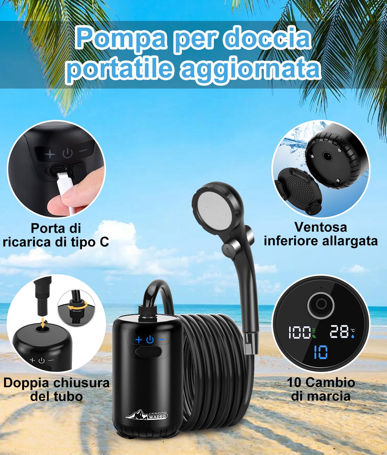 WADEO Doccia da Campeggio, [Nuovo Modello] [10 Livelli di Flusso] Display Chiaro per Temperatura e Batteria, Doccia Portatile Ricaricabile per Spiaggia, Animali, Auto, Giardino