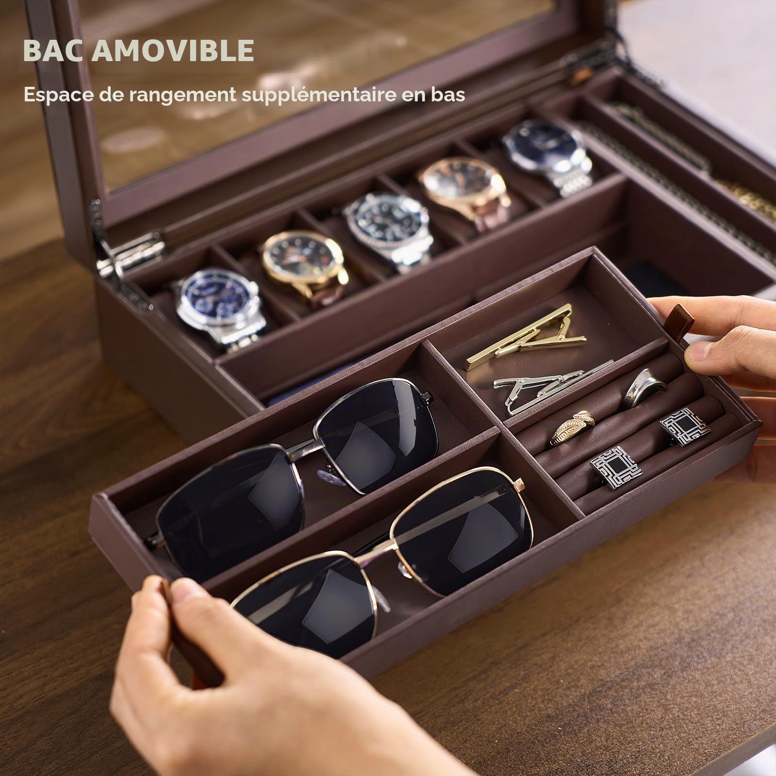 ProCase Boîte à Montres 5 Emplacements, Coffret à Bijoux pour Homme avec Couvercle en Verre Transparent, Rangement Multifonction pour Montres, Lunettes et Accessoires -Marron