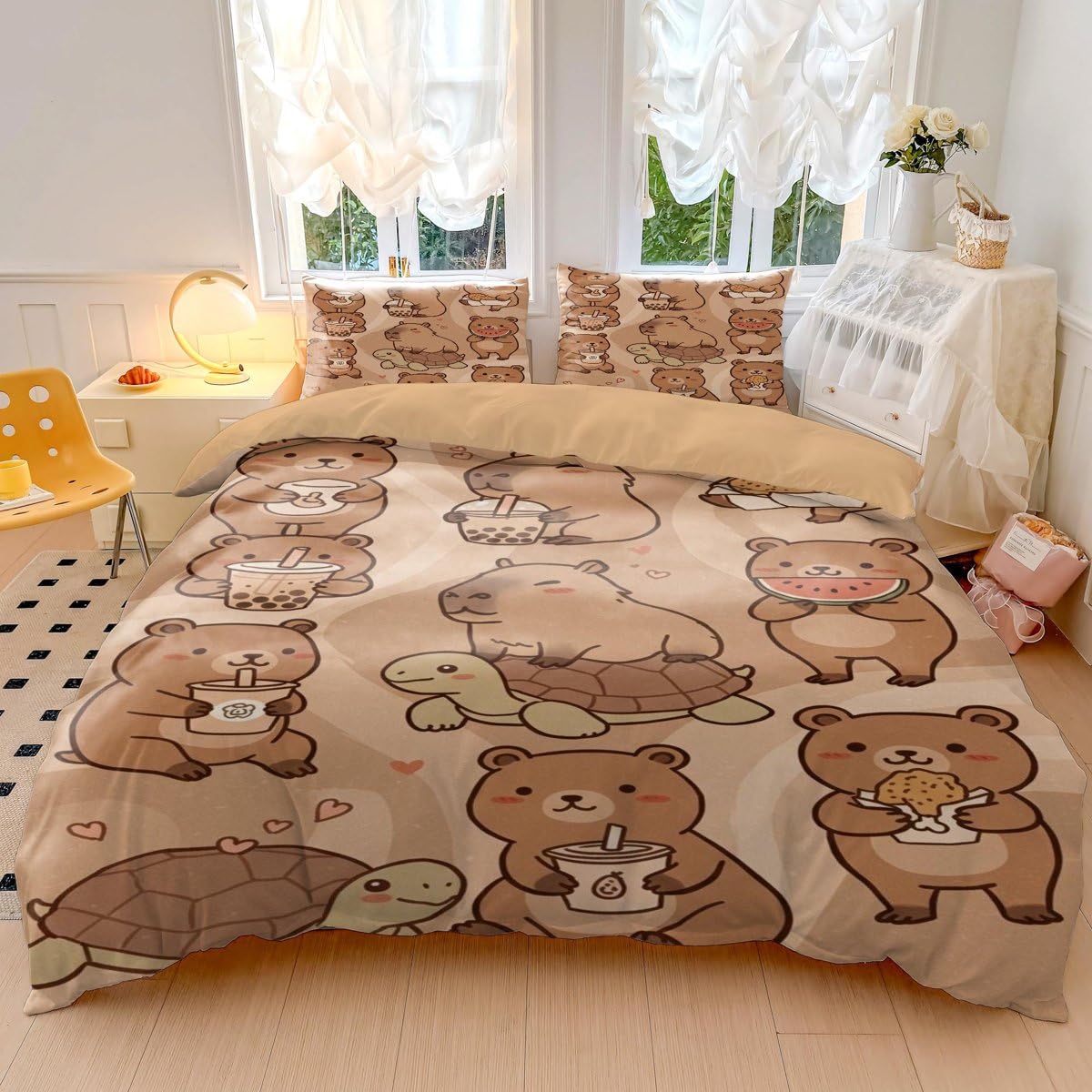 Copripiumino con motivo capibara con stampa di corone e nuvole, in morbida microfibra, per bambini, ragazze e ragazzi, decorazione per camera da letto a tema capibara divertente (stile 1, singolo, 135