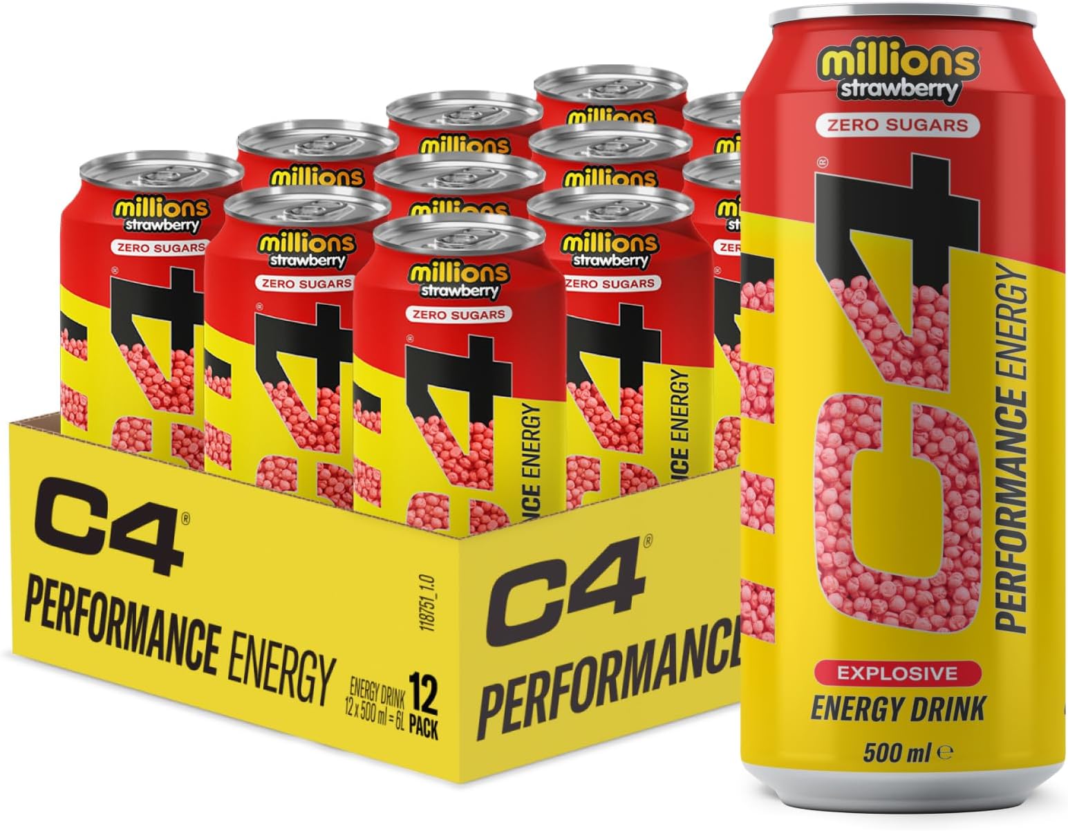 C4 Explosive Carbonated Energy Drink | Zero Sugar, Low Calorie Pre-Workout with 160mg Caffeine, Beta-Alanine & Taurine | Energy for Focus & Performance | Millions Strawberry | 500ml Cans | Pack of 12