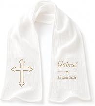 Personalised Baby Christening Scarf - Double Cotton Gauze Embroidered First Name & Date - Soft and Light White Christening Stole - Christening Gift with Gift Box (Model 1)