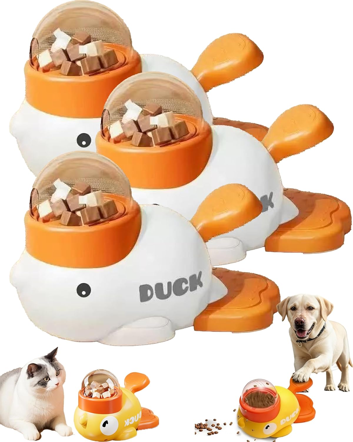 Yellow Duck Cat Treat Dispenser, Duck Puzzle Feeder for Dogs Cats, Interactive Ducks-Themed Slow Feeder Toy, Easy to Fill & Rinse Clean (3Pcs B)