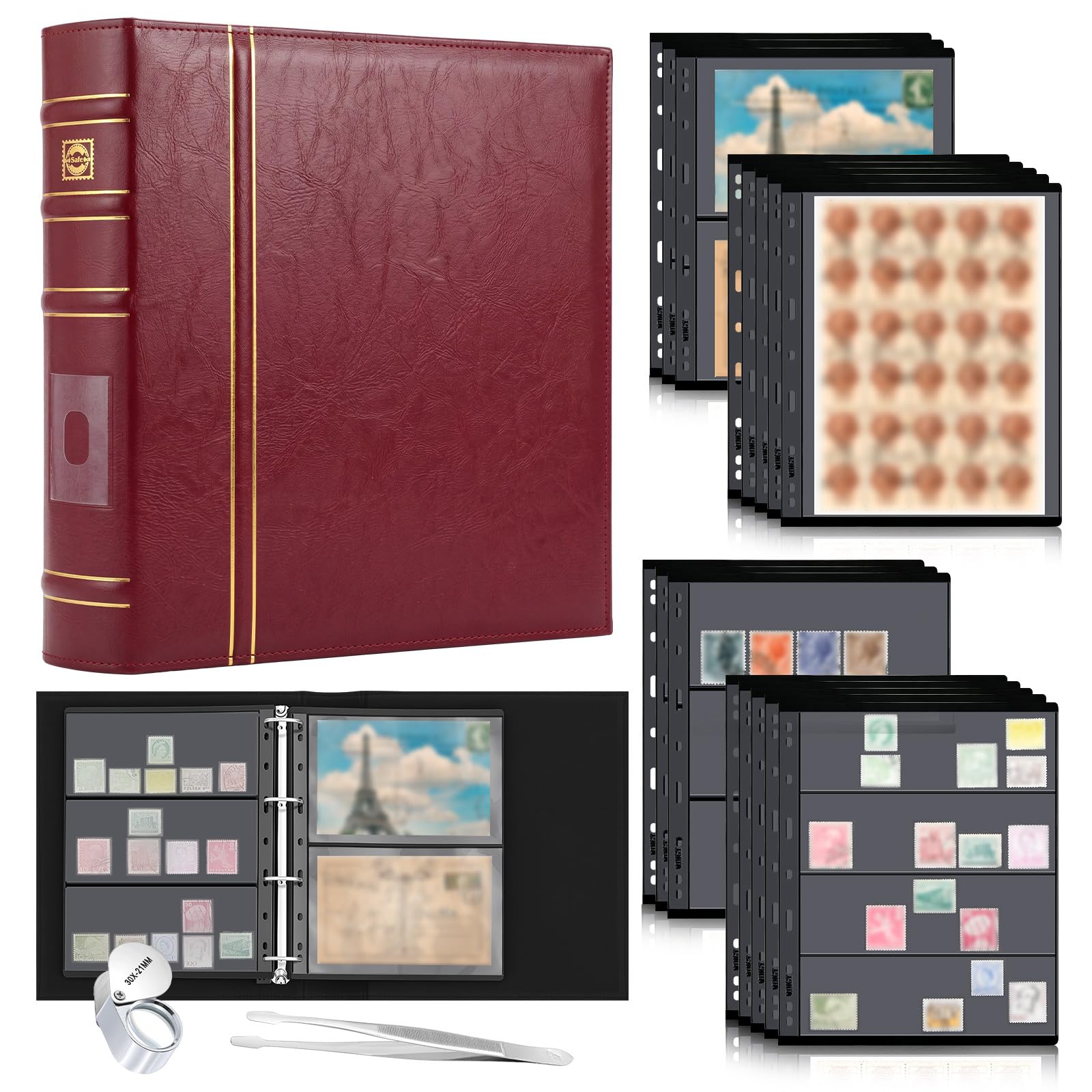 Lewtemi Stamp Collecting Album Set 20 Pages, Brownish Red, 1/2/3/4 Rows