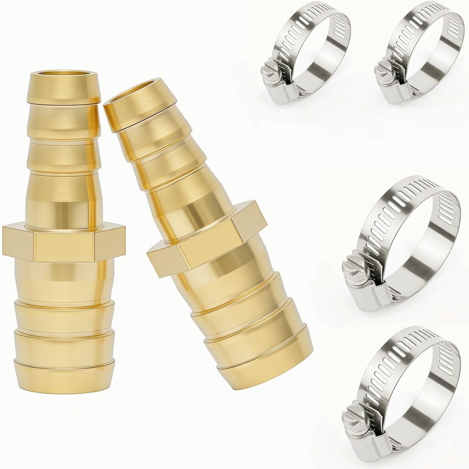 Brass Hose Barb Fitting Reducer Union 1" Barbed x 1/2" Barbed 2pcs with 4pcs Hose Clamps
