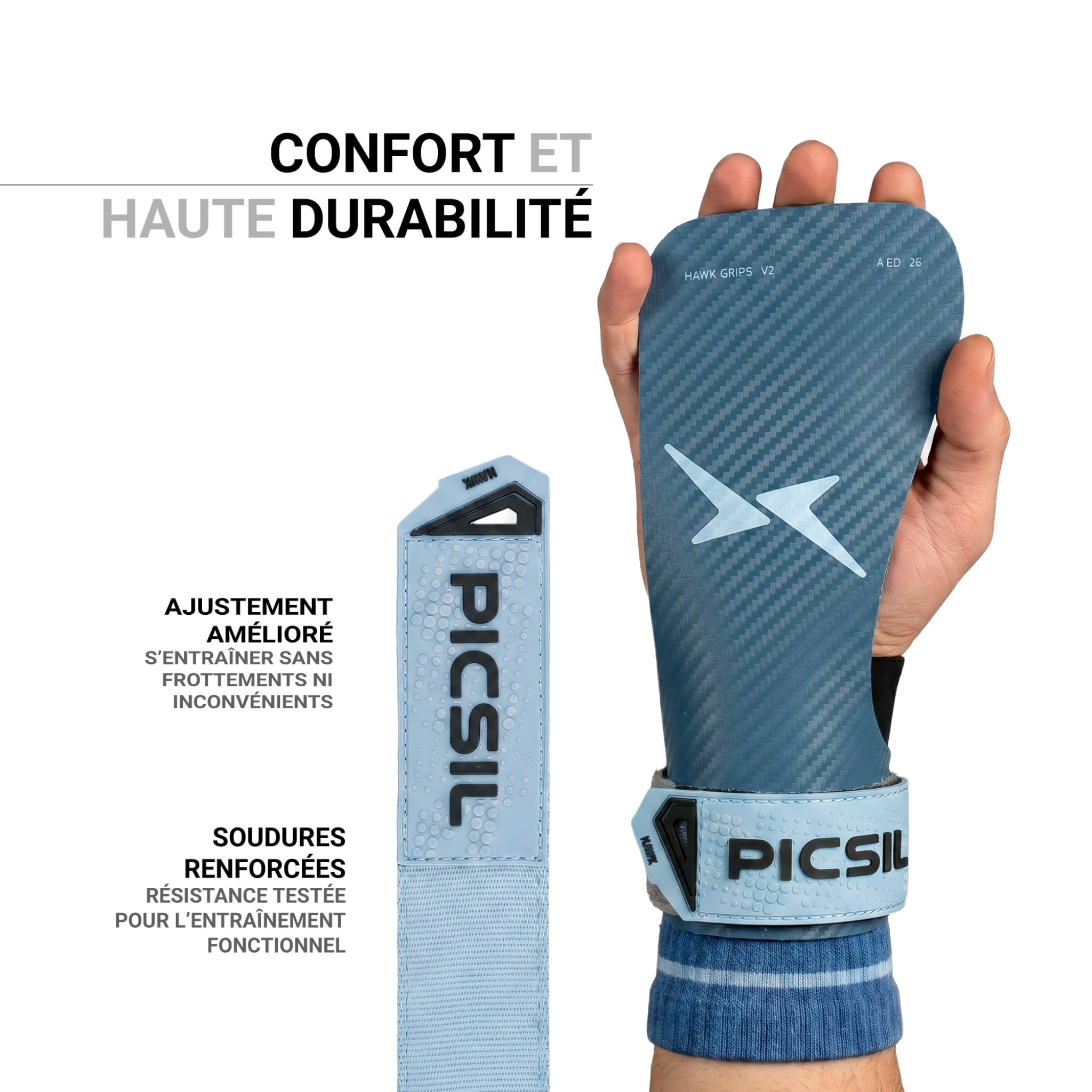 PICSIL - Maniques Hawk Niveau Professionnel, avec Magnésie, avec Étui et Protège-Poignets Inclus, Grips pour Cross Training, Calisthenics, Musculation, Fitness