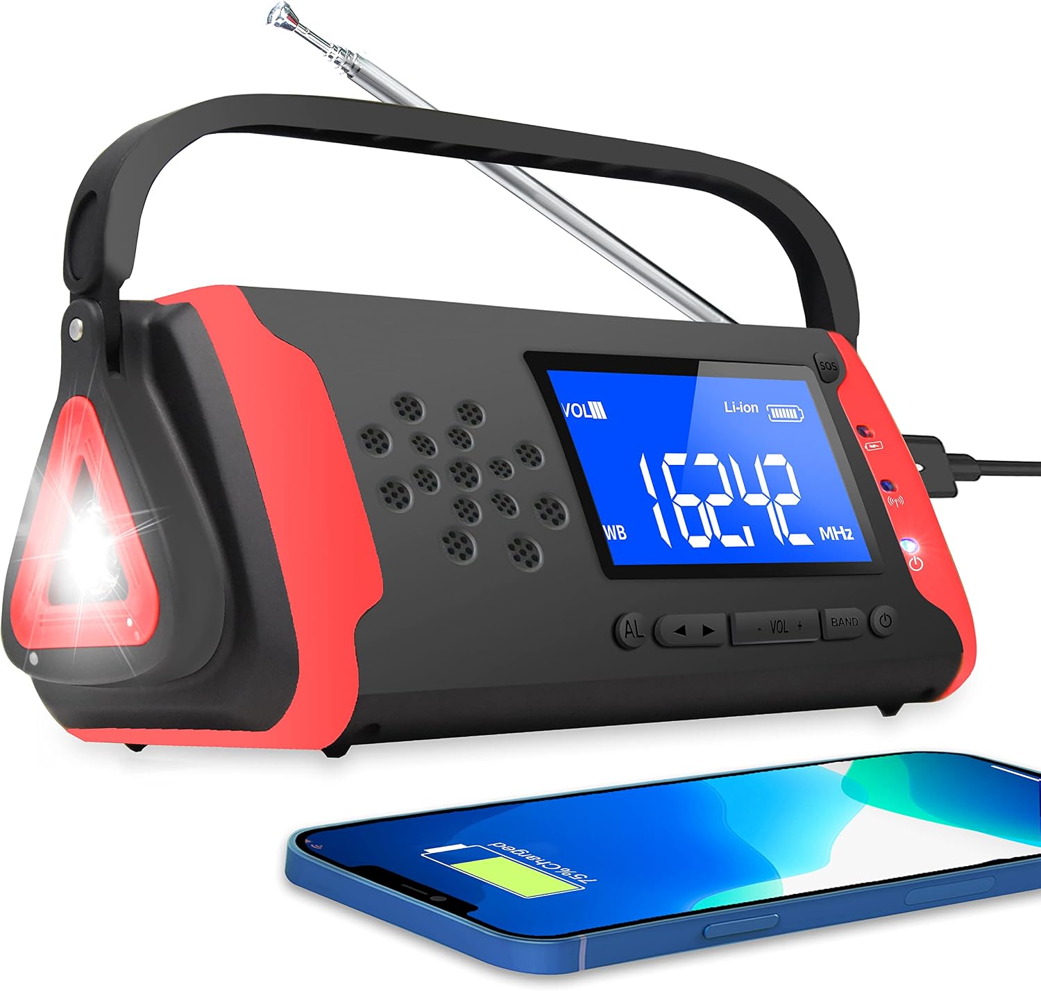 DaringSnail Emergency NOAA Weather Crank Solar Powered Portable Radio with 4000mAh Battery Power for Cell Phone, Bright Flashlight for Household Emergency and Outdoor Survival (097-Red)