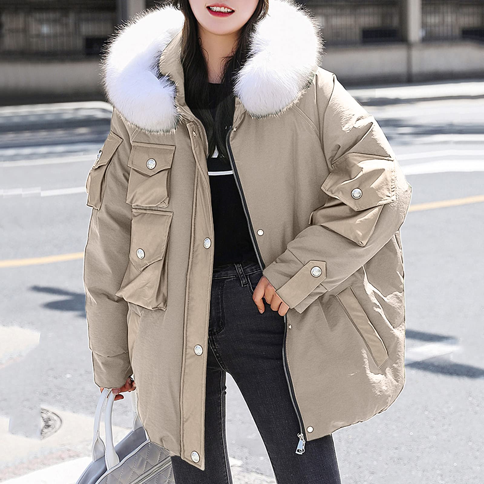 Chaqueta de invierno para mujer con capucha de piel sintética, abrigo de invierno cálido, cortavientos, chaqueta con capucha, chaqueta acolchada para exteriores, chaqueta funcional holgada, talla