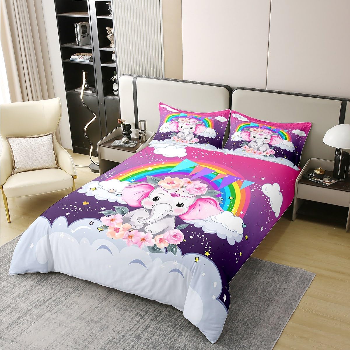 Erosebridal Kawaii Elephant 100% Cotton Duvet Cover,Kids Bedding Set King Size,Rainbow Striped Comforter Cover for Girls Boys,Watercolor Pastel Glitter Stars Bed Sets with 2 Pillowcases
