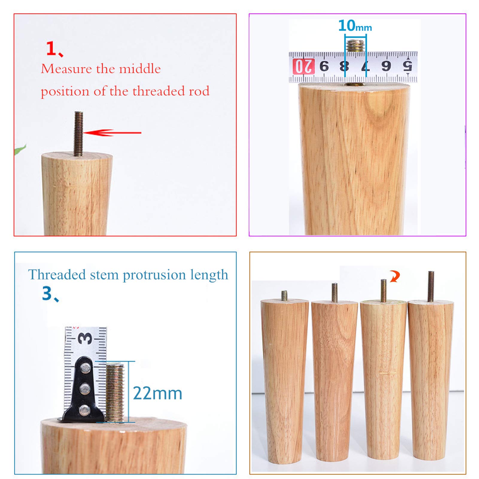 Set di 4 Gambe per Tavolo Piedini per Mobili in Legno Massello Piedini di Supporto Sostitutivi per Divani Gambe per Divani Piedini per Armadietti per Letto Divano Sedia (Obliquo 50 cm / 19,7 Pollici)
