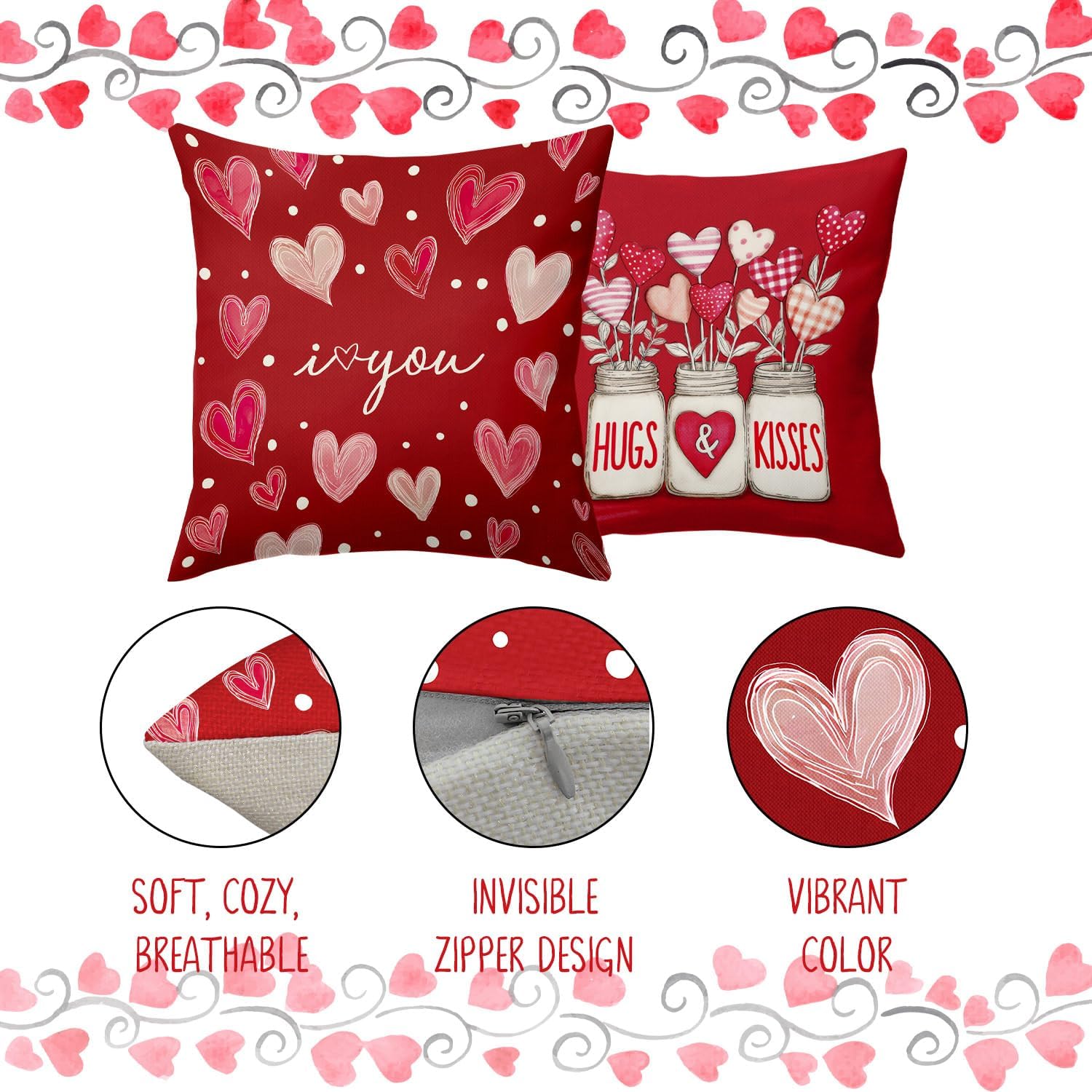 BBOLDIN Valentines Day Throw Pillow Covers 18x18, Red Polka Dot Heart Pillow Cases Set of 4, Love Holiday Cushion Covers Decorations for Sofa Couch Living Room - Image 3