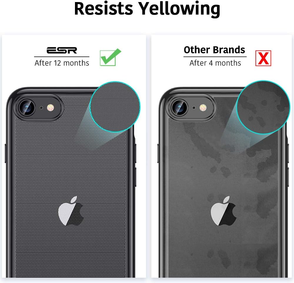 ESR Clear Silicone Case Compatible with iPhone SE (2022), iPhone SE (2020), iPhone 8, and iPhone 7, Thin Soft TPU Transparent Protective Cover, Yellowing Resistant, Metallic Black