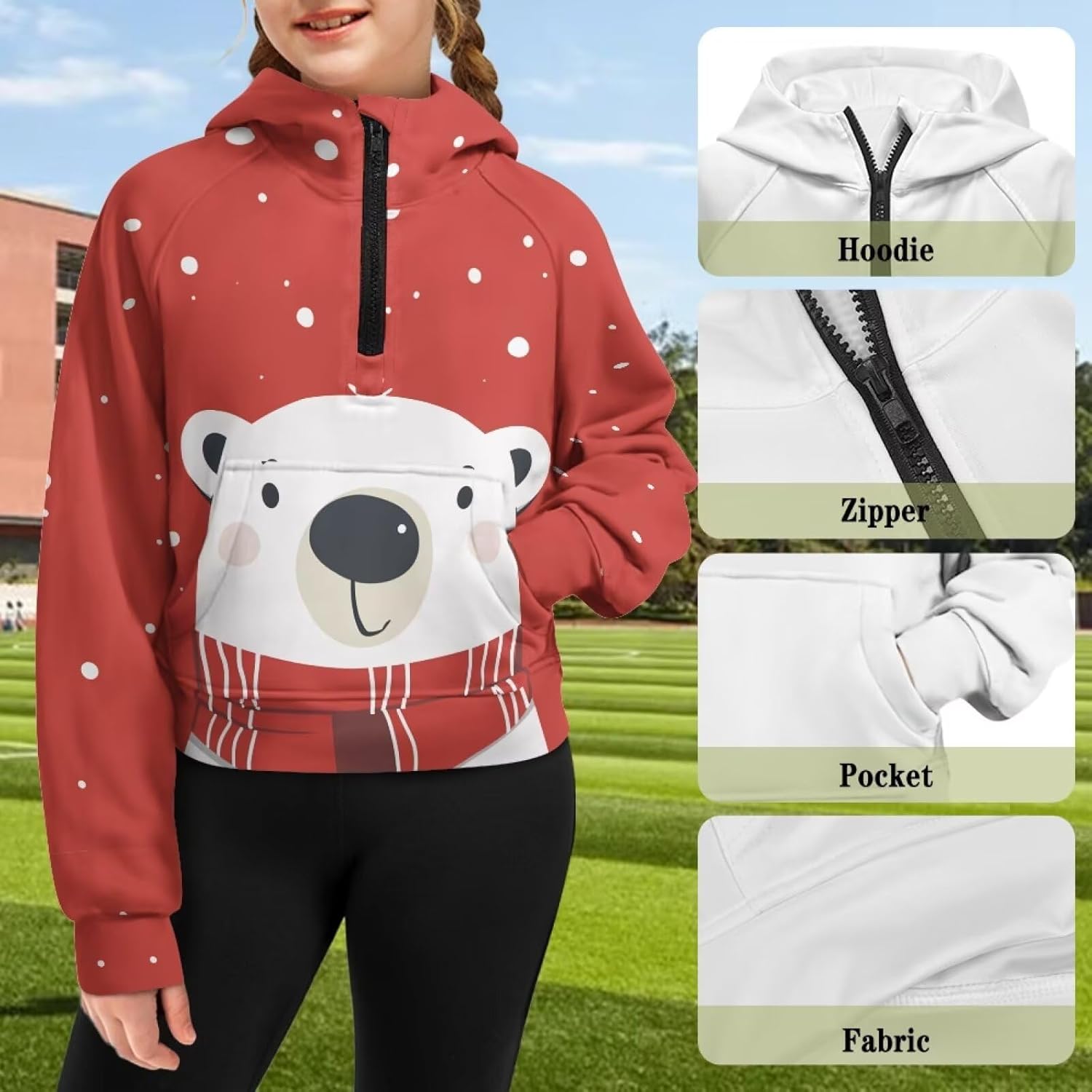 Kids Girls Sweatshirt Long Sleeve Pullover Hooded Tops Casual Half Zip Up Hoodies with Pockets Fall Winter Clothes