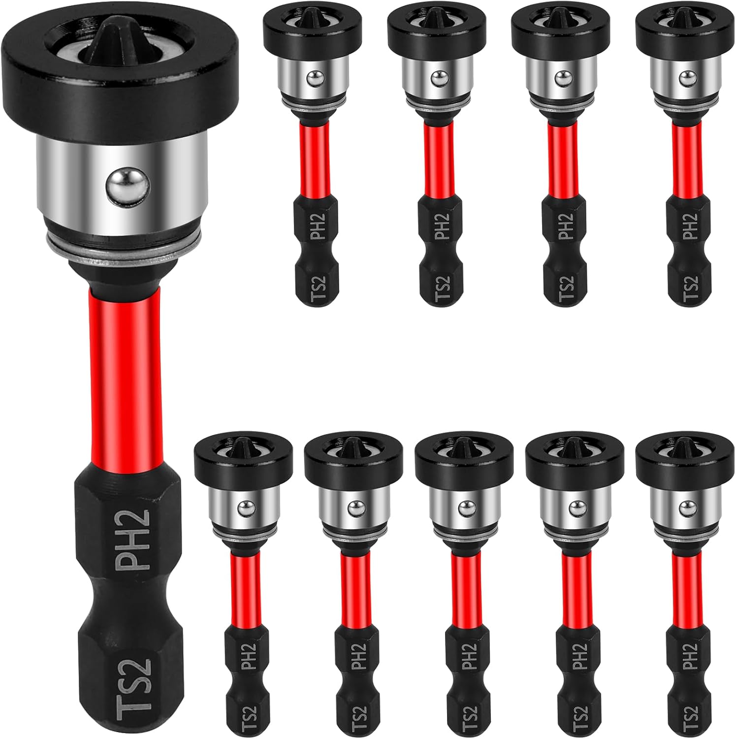 10Pcs Magnetic Positioning Screwdriver Bits 1/4" Hex Shank Drywall Screw Setter 50mm PH2 Bits for Plasterboard Screw Hex Shank Positioning Bit Batch Head (Red)