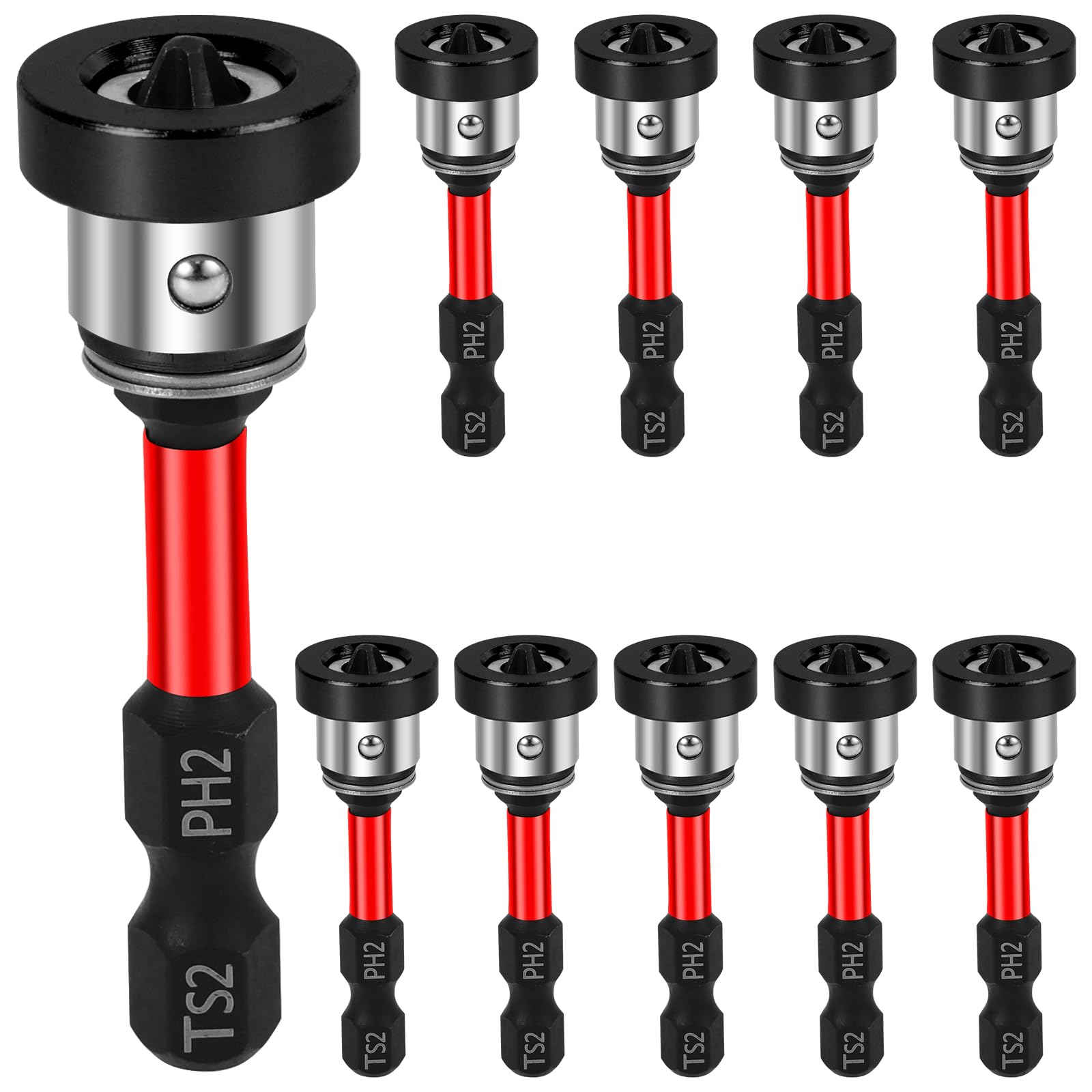 10 Pack Magnetic Drywall Screw Setter Bits, 50mm S2 Steel Screwdriver Bits with 1/4" Hex Shank, Removable Magnetic Ring for Controlled Screw Depth, Compatible with Electric Drill and Driver (Red)
