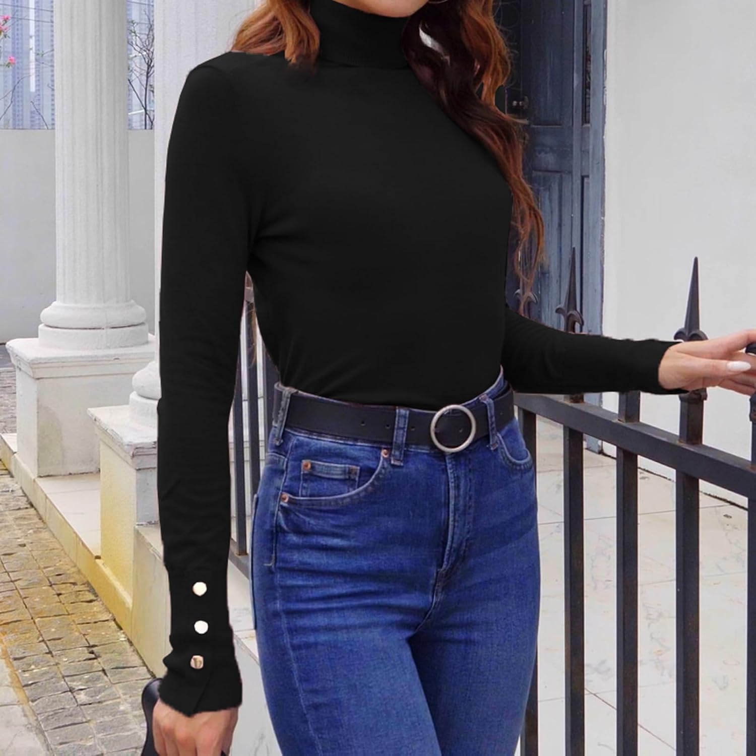 Hyipels Women's Turtleneck Sweater Long Sleeve Fitted Lightweight Soft Knit Pullover with Metal Buttons - Image 4