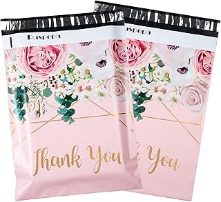 RUSPEPA Poly Mailers Shipping Bags Thank You Notes Flowers Surrounded 3 Mil Heavy Duty Self Seal Mailing Envelopes - Pink, 12 x 15.5 inches, 50 Pack