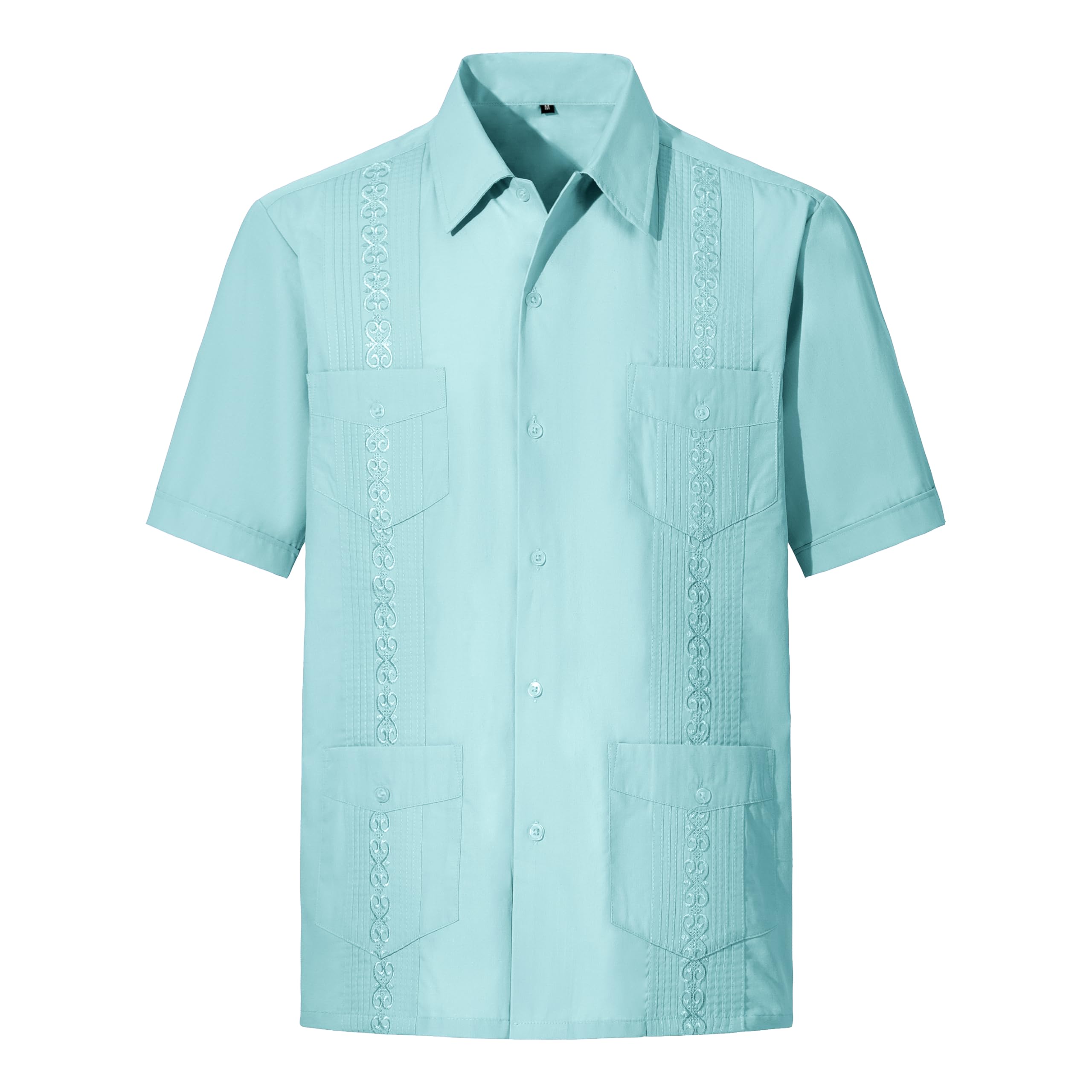 Maxjon Men's Lakeblue Short Sleeve Button-Down Guayabera Shirts For Cuban Embroidered Pleats Beach Shirts - Xl
