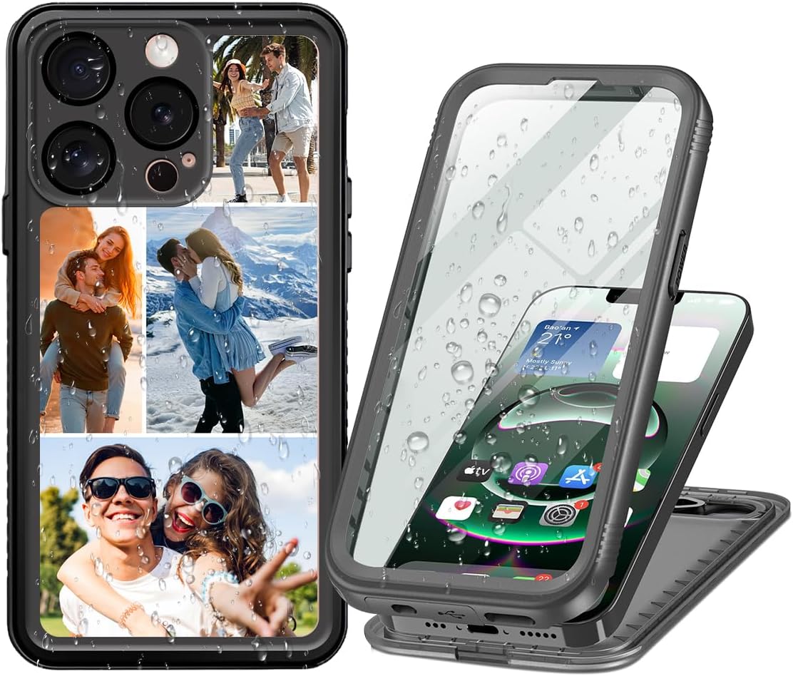 Customized Waterproof Case for iPhone 17 Pro Max Air 16 15 Plus 14 13 12 11 Mini 16e XS SE 8 7 Custom Photo Collage [IP68 Underwater] Military Grade Shockproof Built-in Screen Camera Protector, Black