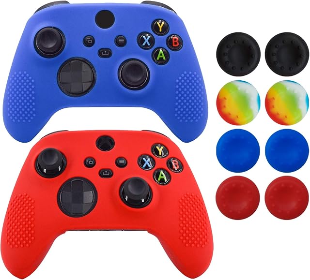 Skin for Xbox Series Controller,Hikfly Cover Compatible with Xbox Series X/S Controller Grips Case Non-Slip Studded Silicone Controller Cover x2 with 8pcs Thumb Grips Caps(Red,Blue)