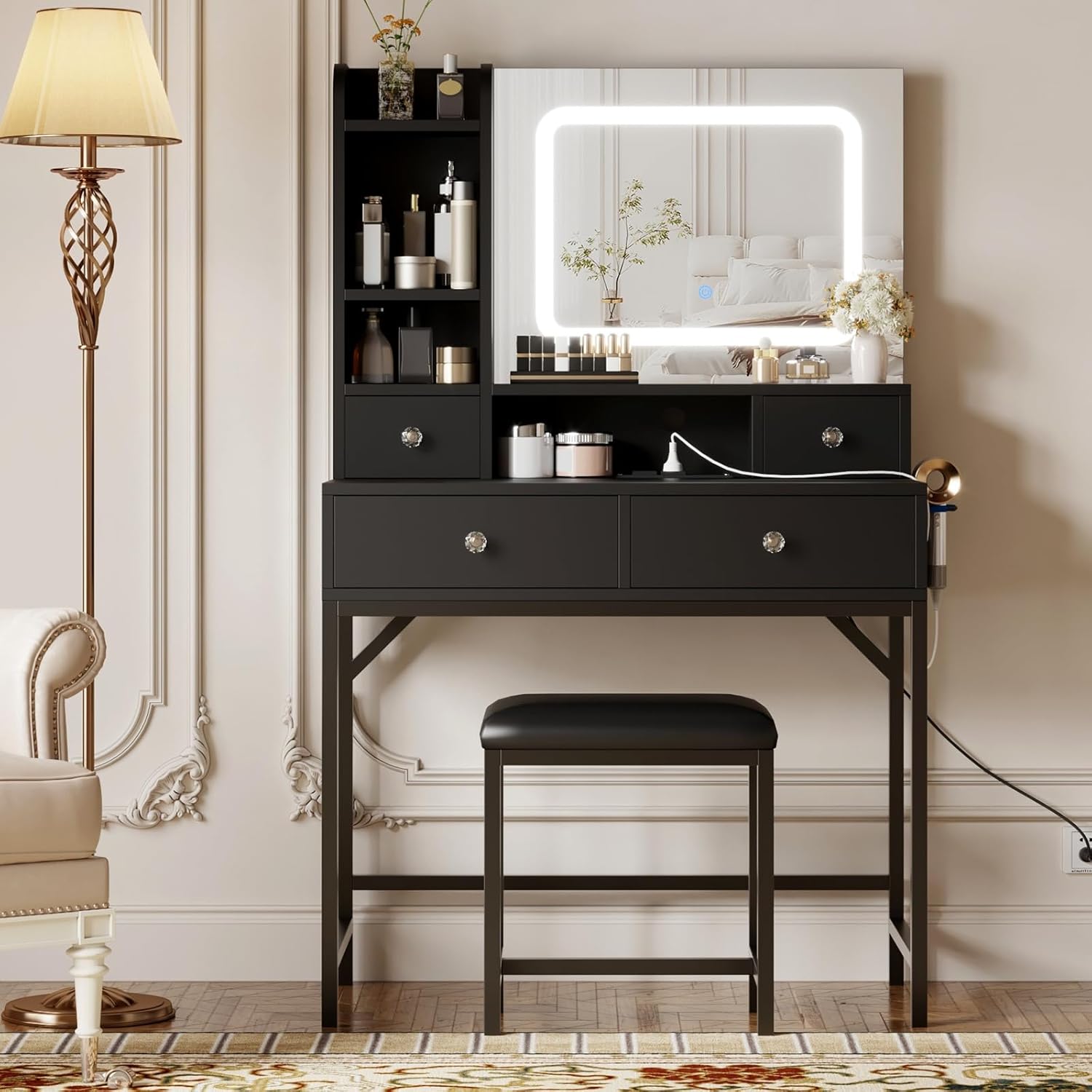 GarveeHome Makeup Vanity Desk with Mirror, Desk with Lights in 3 Colors, Girls Vanity Table with Charging Station, 4 Drawers, 6 Storage Shelves for Bedroom, Black