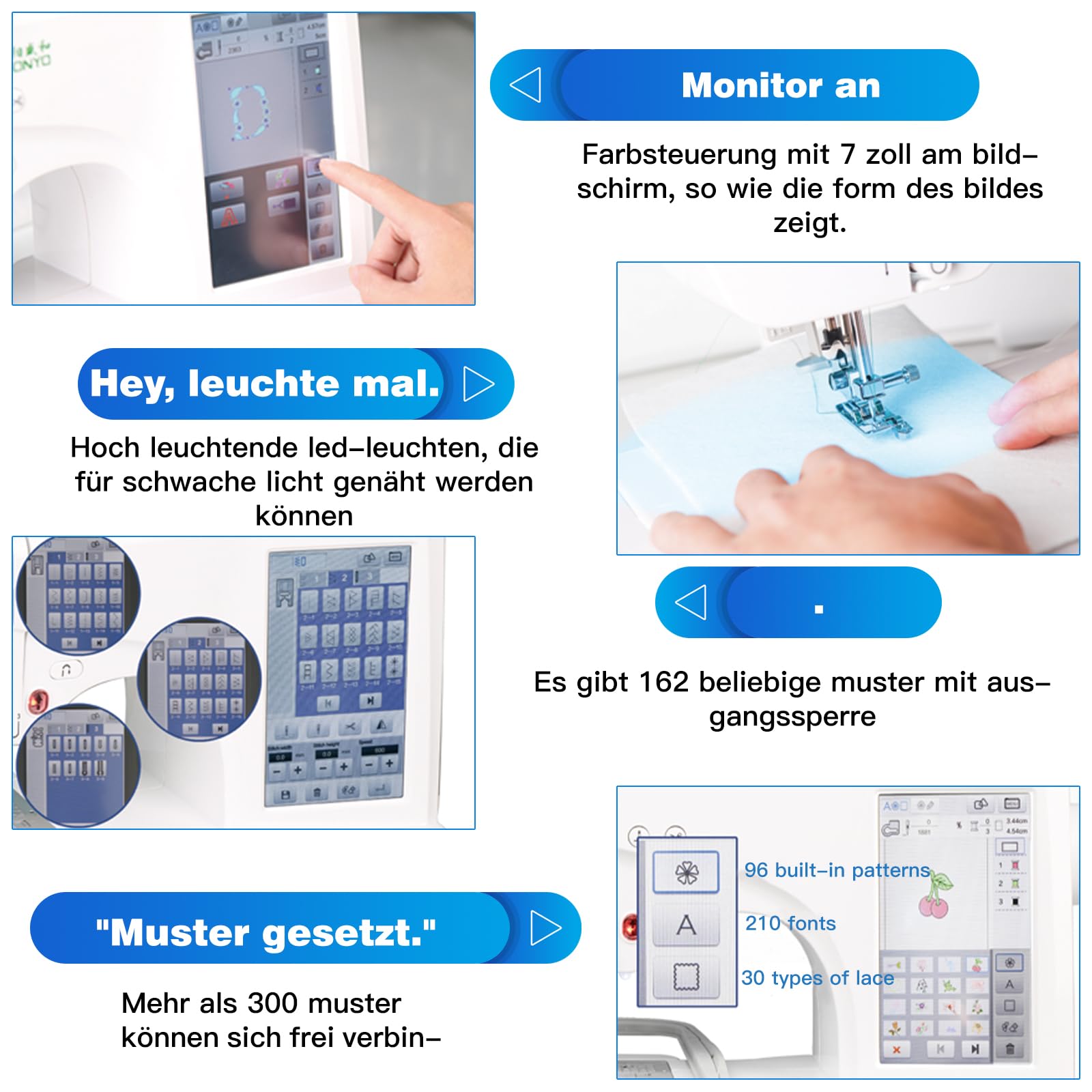 ES-5 Máquinas de coser electrónicamente controladas, 10.000 diseños de bordado integrados, 8 fuentes, computarizadas, pantalla táctil LCD grande de 7 pulgadas, puerto USB