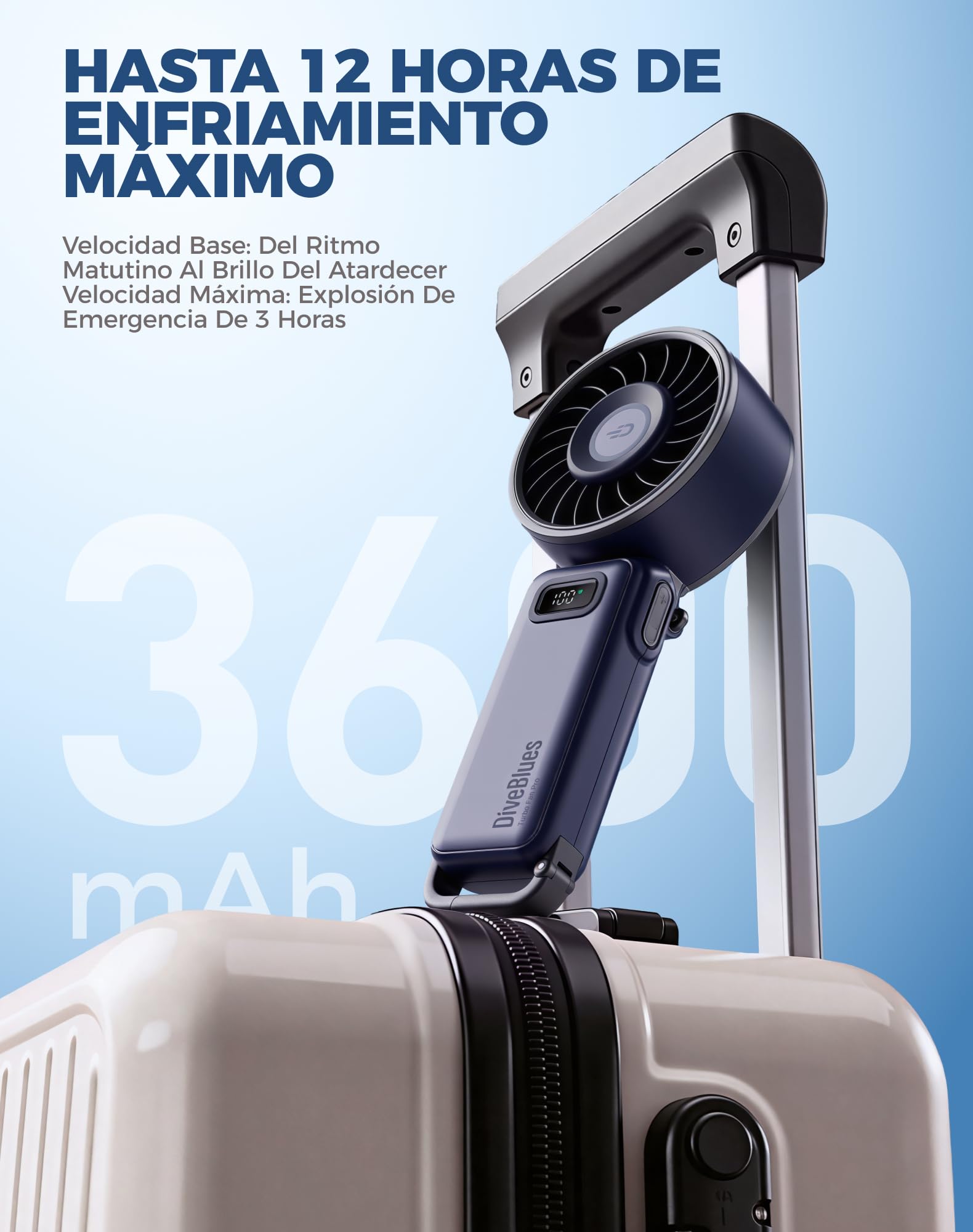 Diveblues Ventilador de Mano Turbo Portátil, 100 Velocidad, Flujo de Aire Potente de 7,4 m/s, Mini Ventilador Plegable 180° 4-en-1 para Mano, Cuello o Mesa, Recargable para Verano, Viajes y Exterior — view 6