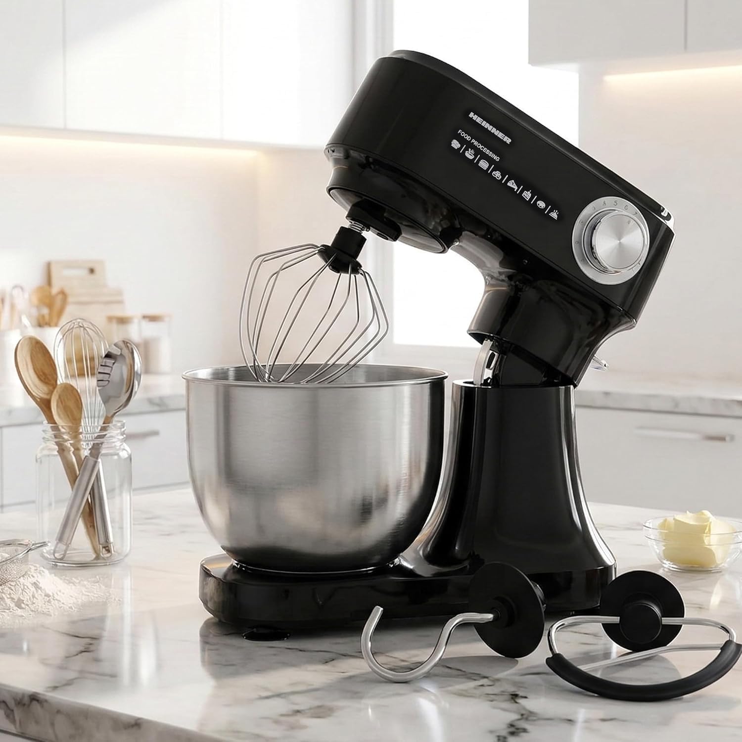 Robot de cocina de 4,5 L, 300 W, 12 velocidades + función de pulso, cuenco de acero inoxidable, gancho para amasar y batidor