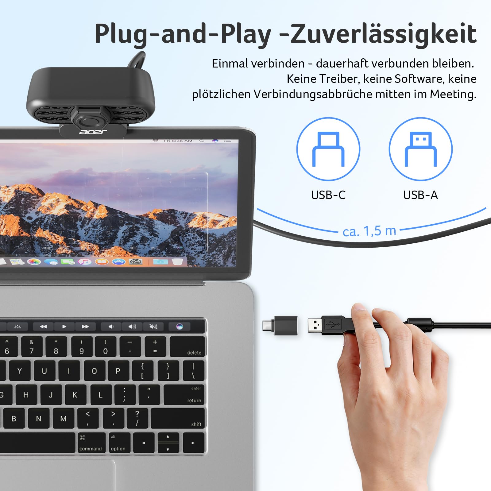 Acer A640 4K-Webcam mit Sony-Sensor, 2K/1080p@60fps, PDAF, Noise-Cancel-Mic, Privacy-Shutter, USB-A-zu-C-Adapter – für Gaming, Streaming, Teams, Zoom, FaceTime & Switch 2