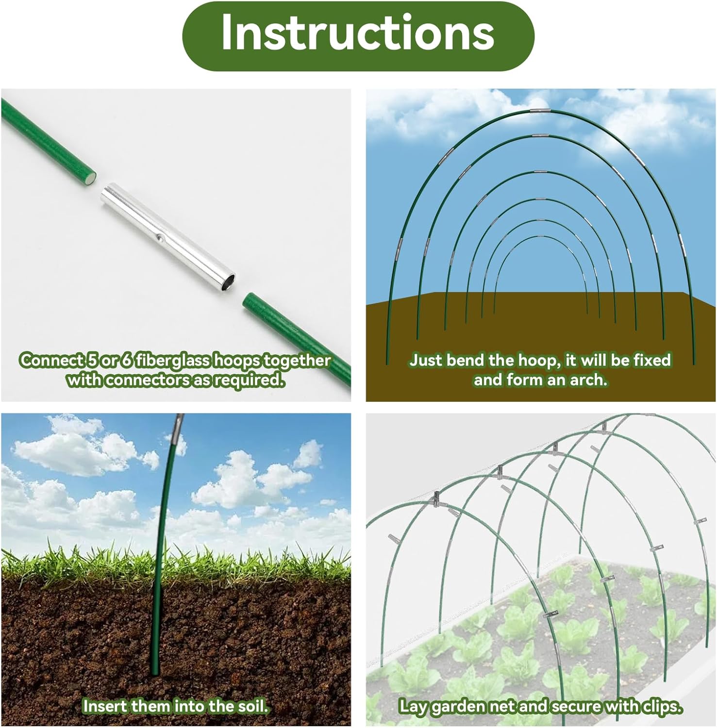 Garden Netting Kit for Raised Beds, 10x30FT Ultra Fine Mesh Netting＆ 6 Sets of 8FT Fiberglass Garden Hoops, Row Cover Insect Netting for Vegetable Plant Fruit Flowers Protection