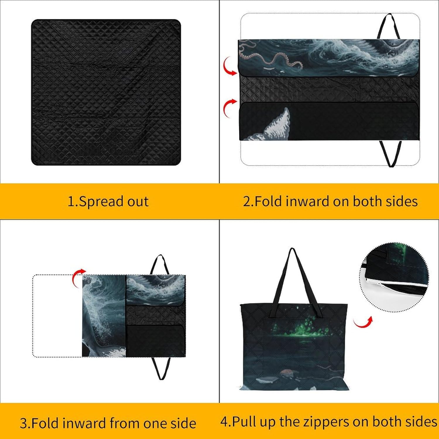 Underwater Whale Picnic Blanket 150x150cm, Foldable 2-in-1 Picnic Mat and Tote Bag Portable Waterproof Beach Mat Sandproof Outdoor Blanket for Park, Hiking, Beach, Camping, Travel
