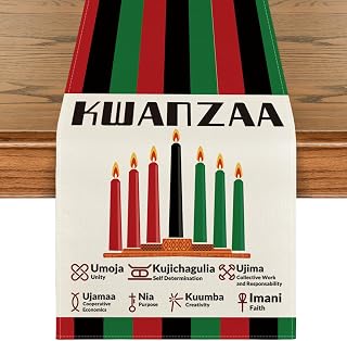 Artoid Mode Green Black Red Stripes Kinara Candles Seven Principles Kwanzaa Table Runner, African Heritage Black History Kitchen Dining Table Decoration for Home Party Decor 13x72 Inch