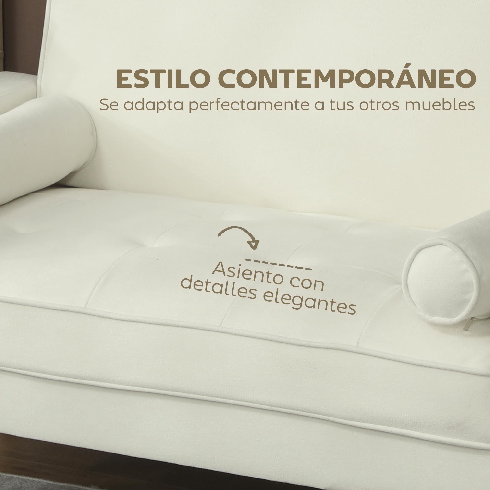 HOMCOM Sofá de 2 Plazas Tapizado en Terciopelo Sofá de Salón de 130 cm con Asiento Capitoné 2 Almohadas y Patas de Madera para Espacios Pequeños Dormitorio Sala de Estar Oficina Crema