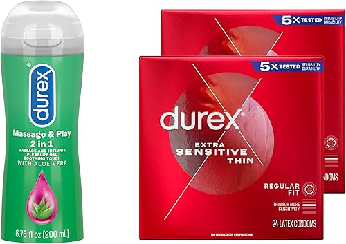 Durex Massage & Play 2 en 1 Lubricante calmante, 6.76 oz con preservativos, Durex Extra Sensible y Extra Lubricado Preservativos, 24 unidades