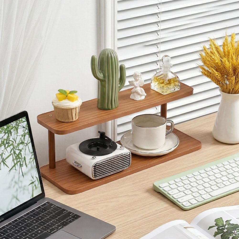 UNICRAFTALE 2 Tier Wood Matcha Station Shelf Coffee Station Countertop Shelf Camel Color Wooden Rack Matcha Stand Desktop Cup Holder for Kitchen Living Room Organizer 15.6x5.6x5.7 Inch