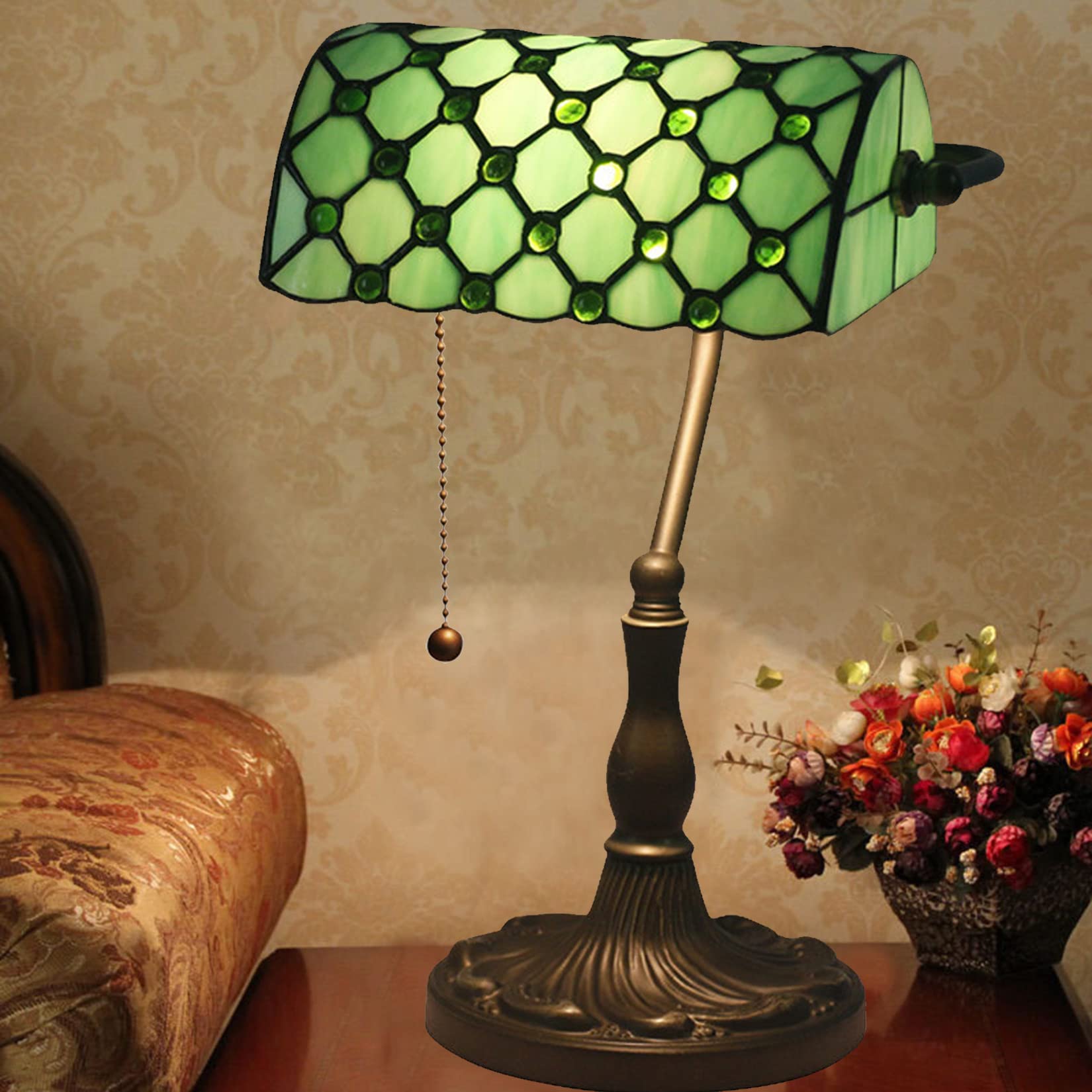 AIBOTY Green Glass Bankers Desk Lamp, Antique Tiffany Stained Glass Reading Table Lamps with alloy Base, Traditional Library Lamp with Pull Chain, Vintage Desk Lamp for Office Study Room,A