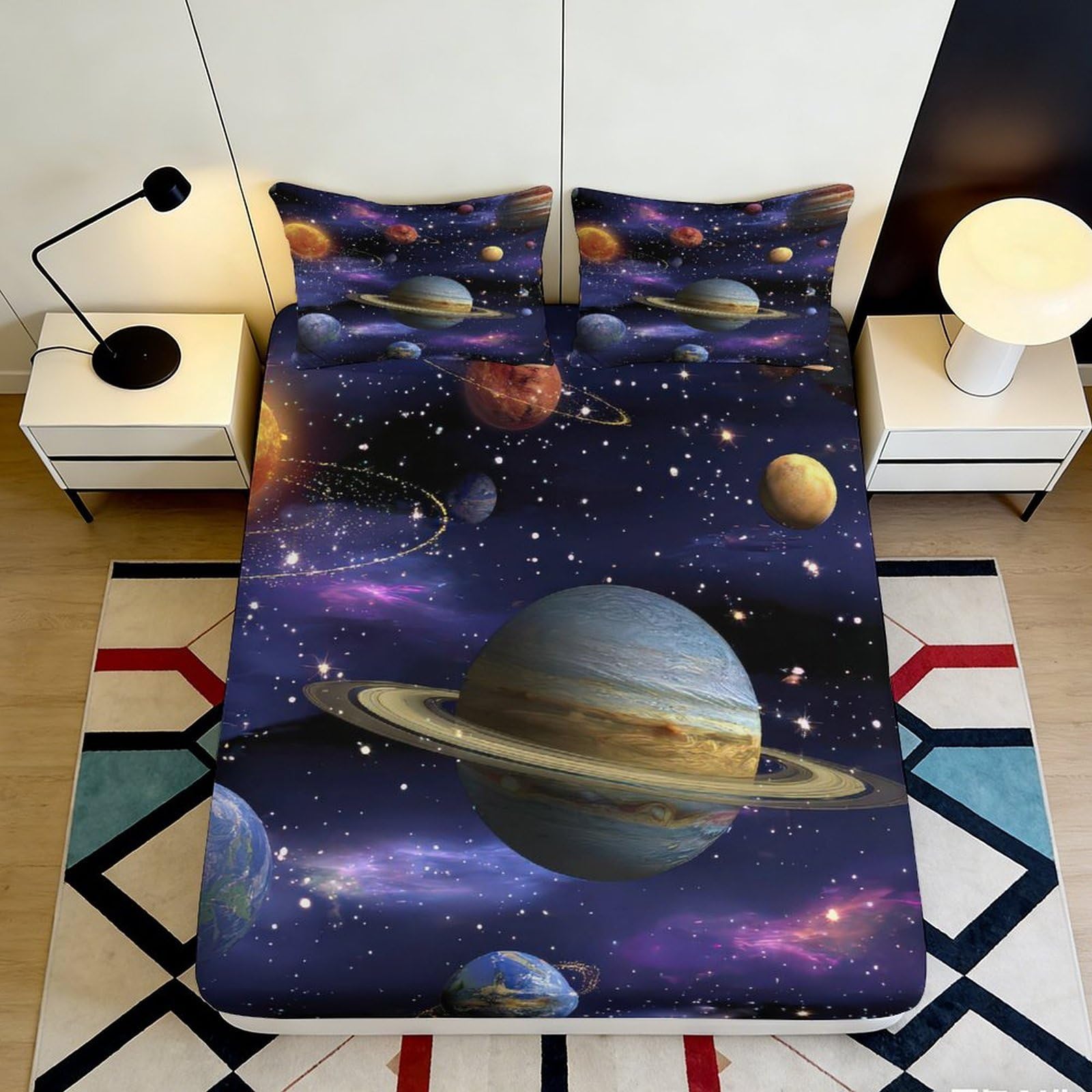 Galactic Decor 3D Printed Fitted Sheet, Microfiber Soft Touch, Space Planets Bed Cover for Bedroom, Guest Room Bedding, Easy Care, 120x200cm 90x200x25cm