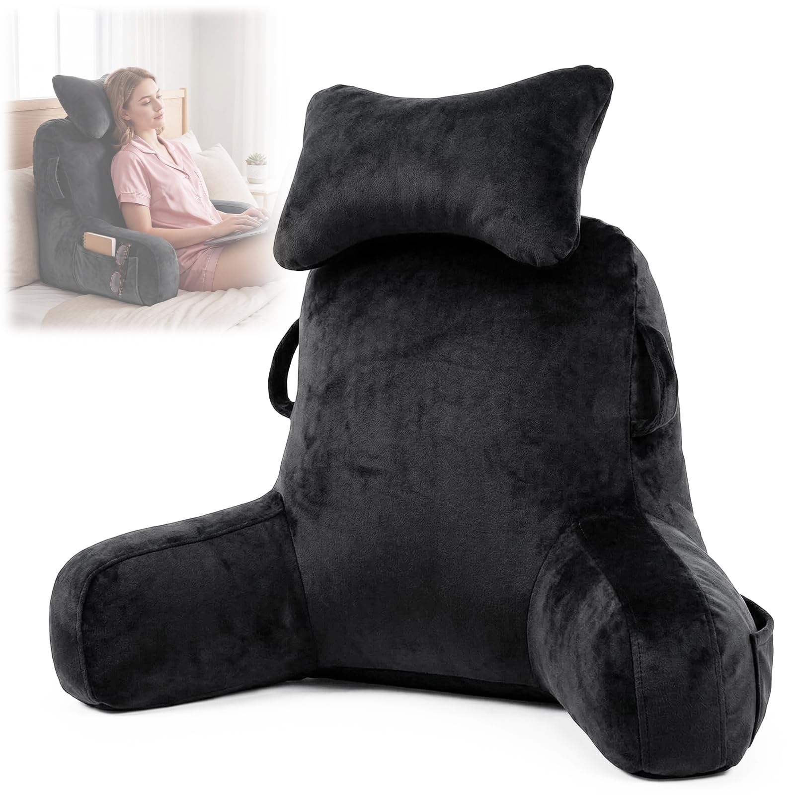 Wudlep Black Reading Pillow, Extra Large 78Cm/31In Bed Rest Pillow With Detachable Neck Roll For Sitting In Bed Or Couch, Adult Back Pillow For Watching Tv/Gaming/Relaxing (Black)