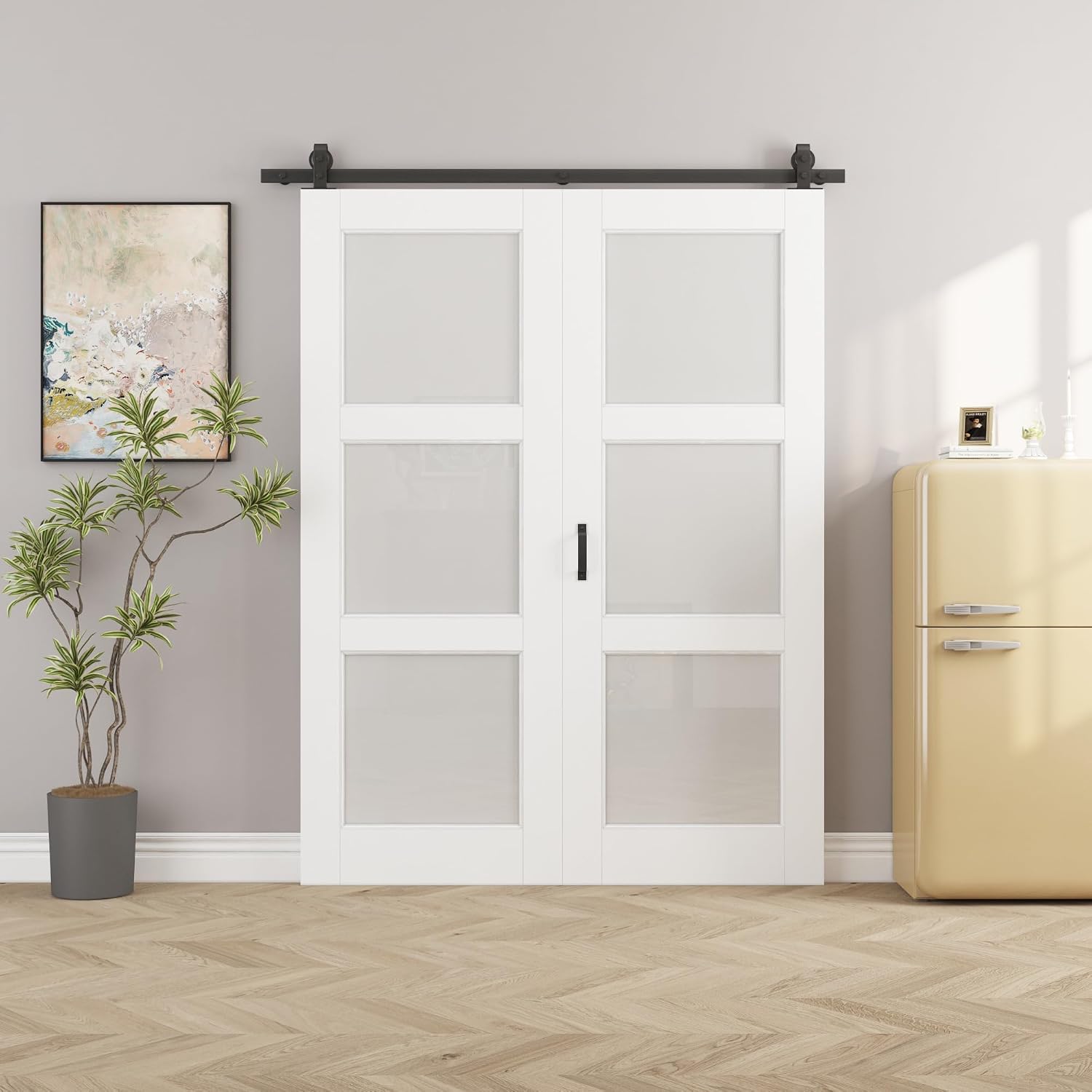 60" x 80" Pre-Assambled Solid Core Bifold Barn Door with 64" Track Hardware Kit Included, MDF 3 Panels Bi Fold Barn Doors, Sliding Closet Door with Excellent Sound Insolution, Easy to Clean, Paintable