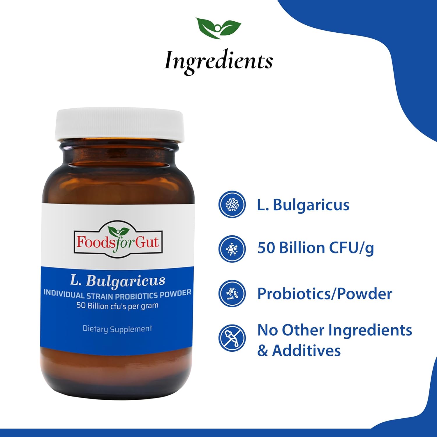 Foods For Gut Lactobacillus Bulgaricus Probiotic Powder 50 Billion cfu's | Made in USA | No Additives | Digestive & Immune Support | High Potency | L. Bulgaricus | 30 Grams (1.05 Oz)