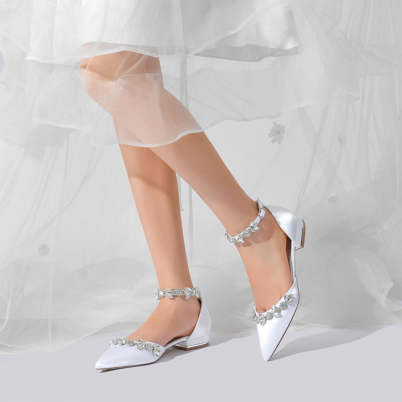 TFDRSEXVD Scarpe da Sposa comode da Donna con Punta a Punta in Raso, con Strass, per la Sposa, da Sera, da Ballo, da Festa