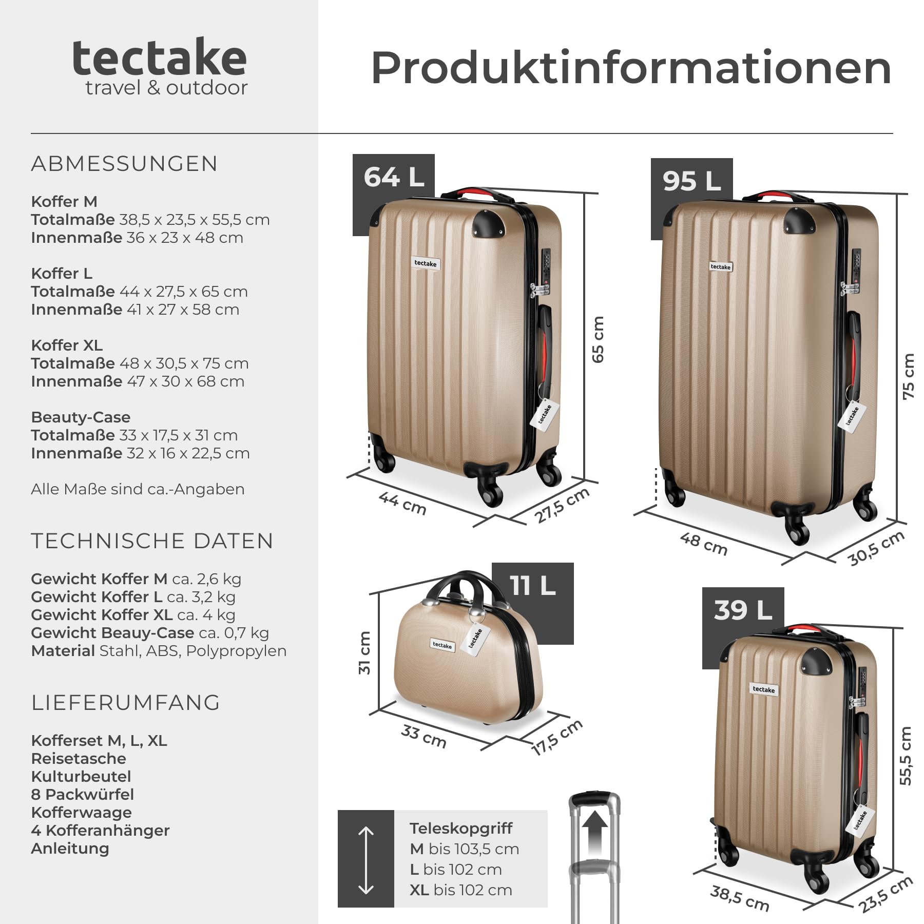 TecTake® Hartschalenkoffer-Set, 19-teilig, ABS-Hartschale, mit TSA-Schloss, 360° Rollen, Packwürfeln, Kofferwaage, Gepäckanhänger, Beautycase, Kulturbeutel, Teleskopgriff - Champagner