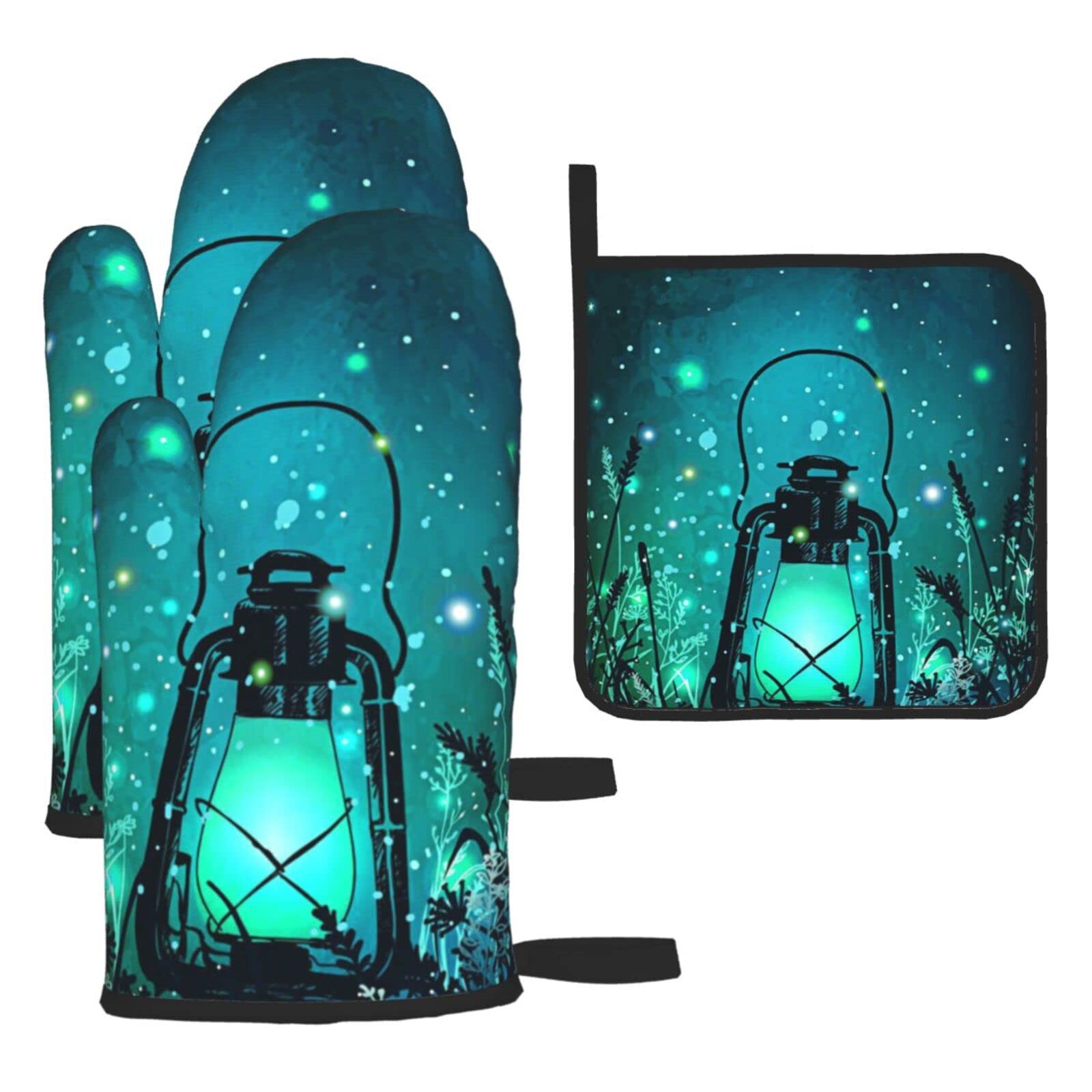 Fireflies andPrinted Kitchen Baking Three-Piece Heat-Resistant Thick Cotton Oven Gloves for Cooking and Baking.