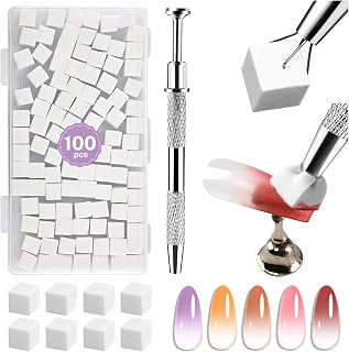 JODSONE 100PCS Soft Nail Sponges for Ombre with 1 Stainless Grabbing Pen Professional Gradient Nail Sponge Tool Nail Art Gradient Designs Blush Nail Art