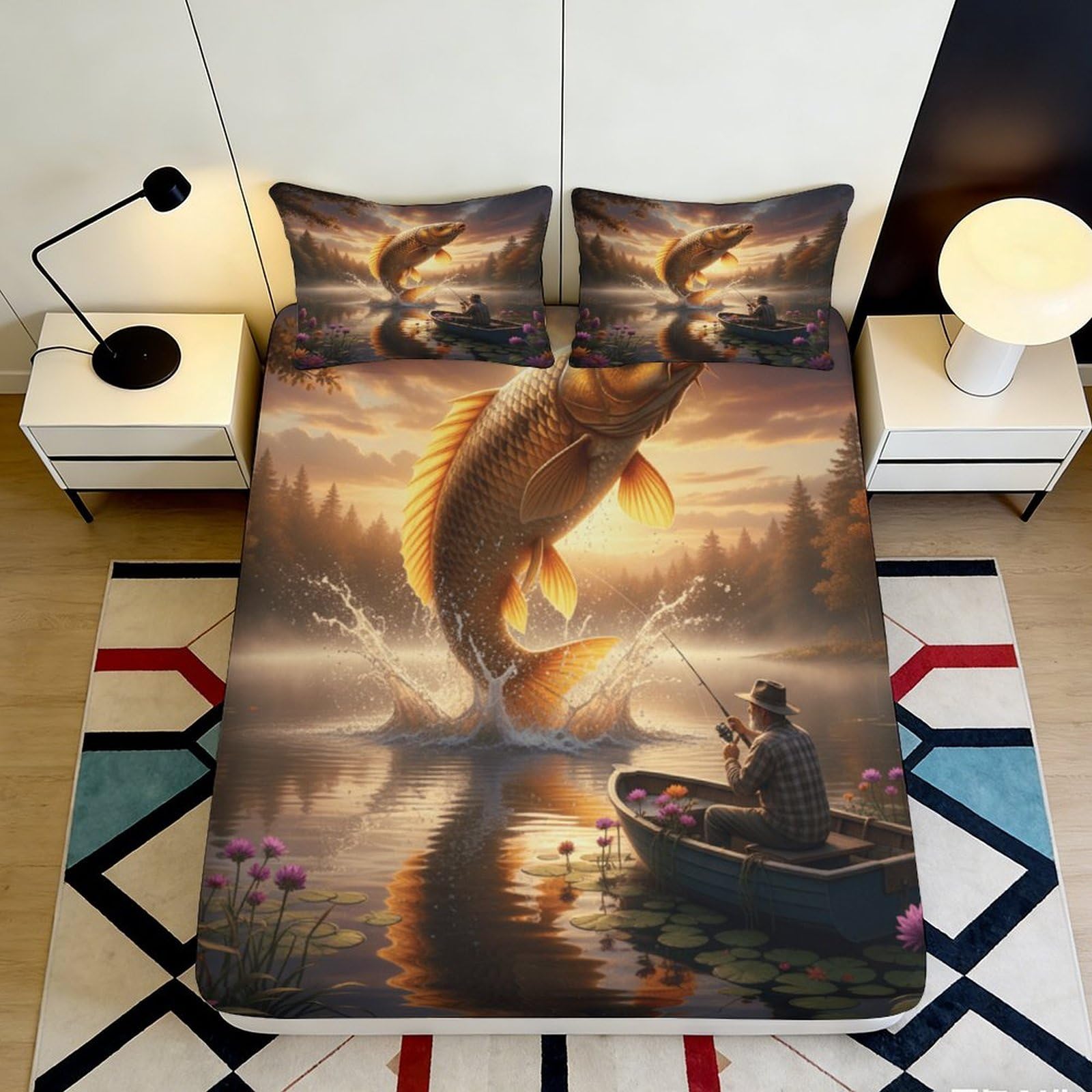 3D Printed Sunset Fishing Fitted Sheet Microfiber Soft Lake Jumping Fish Bed Cover for Bedroom Decor 90x200x25cm