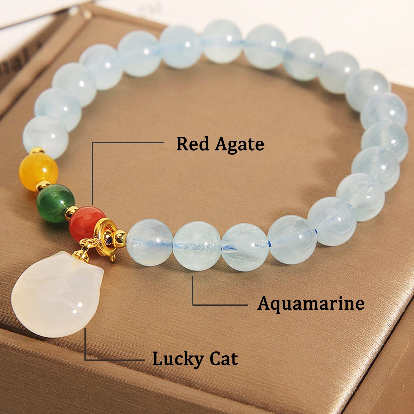 Braccialetti con Perline, Ciondolo Gatto Portafortuna in Acquamarina Naturale