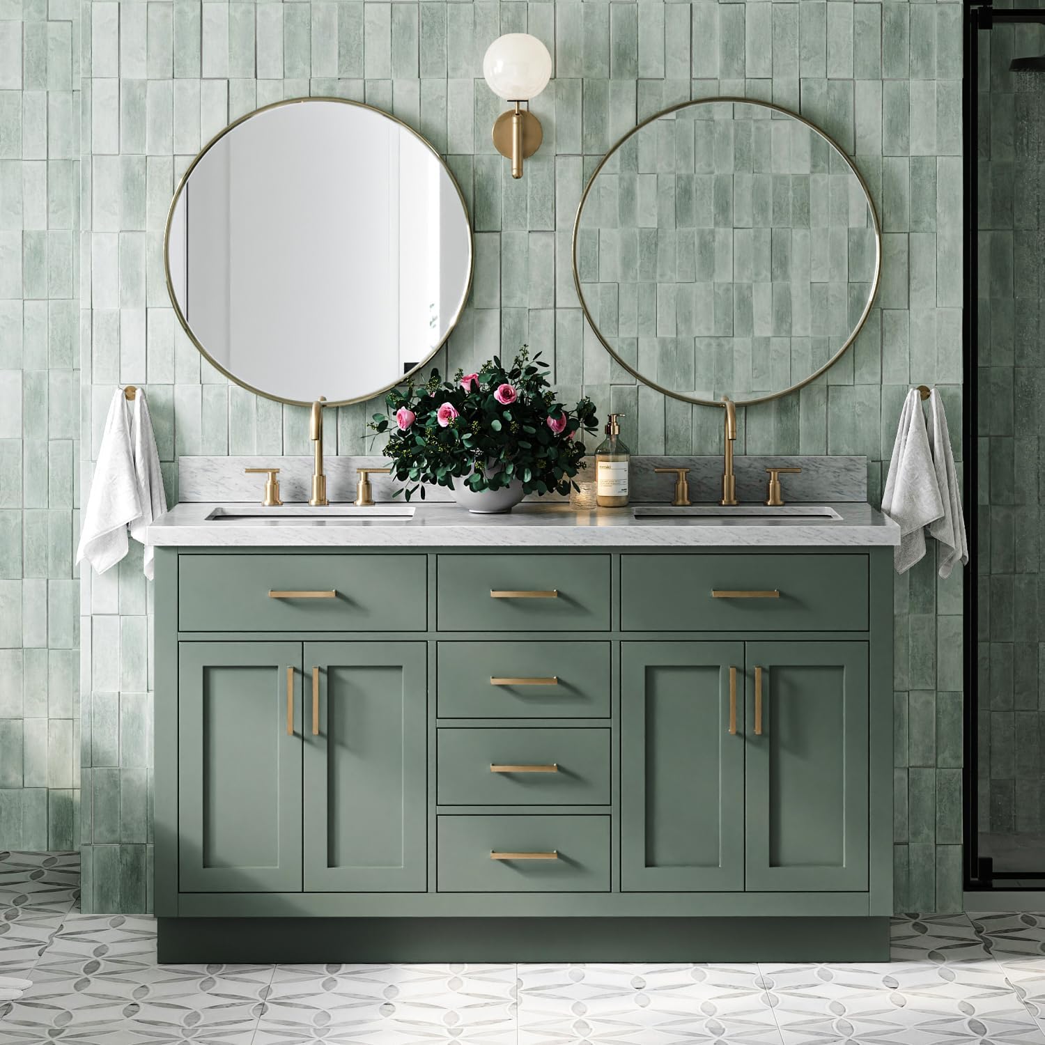 ARIEL Hepburn 61 Inch Double Rectangle Sink Bathroom Vanity with Carrara White Marble Countertop 1.5 Inch in Vintage Green