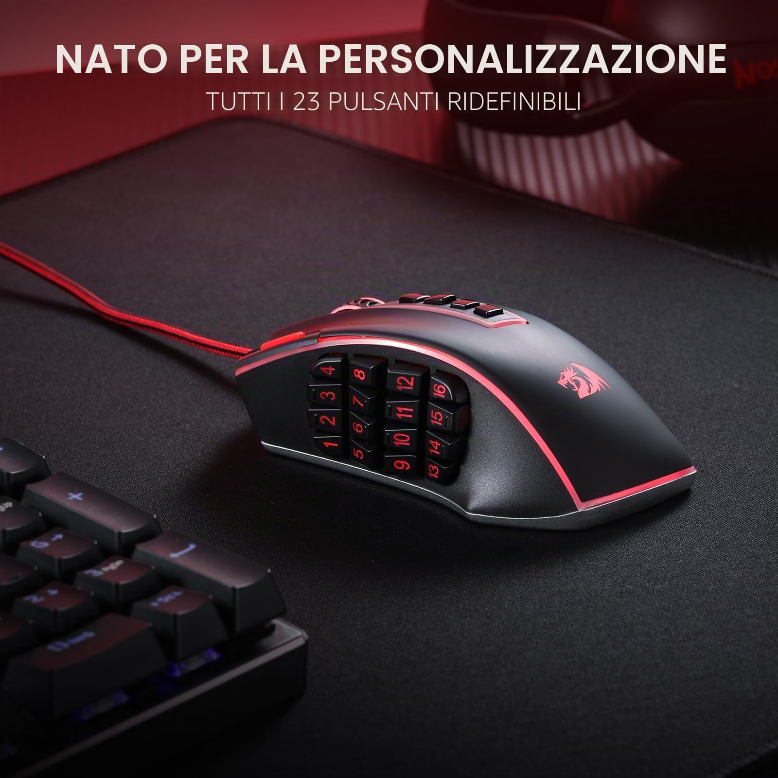 Redragon M990 Mouse MMO Cablato RGB 32000 DPI 23 Tasti Programmabili PC | 16 Tasti Macro Laterali Alta Precisione Base Alluminio Supporto Software PC Gioco